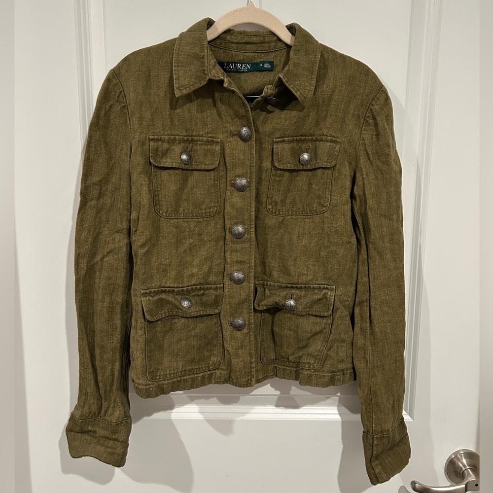 Lauren Ralph Lauren Linen Green Utility Jacket with Buffalo Nickel Buttons Sz 6